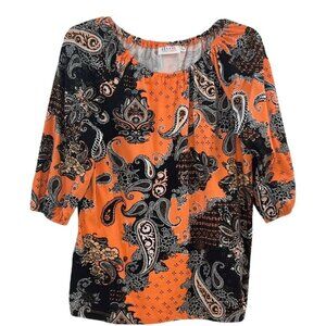 Denim & Co Womens Tunic Top Sz S Paisley 3/4 Raglan Sleeves Orange Black Stretch